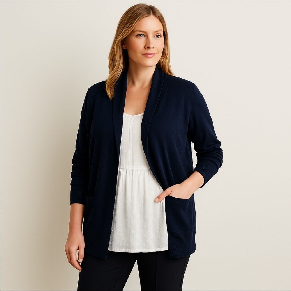 Lands End Womens Navy Blue Sweater Cardigan With Pockets Size 2X Light Weight